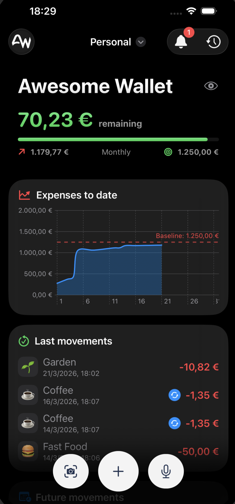 Awesome Wallet App Interface showing balance, expense chart and recent transactions